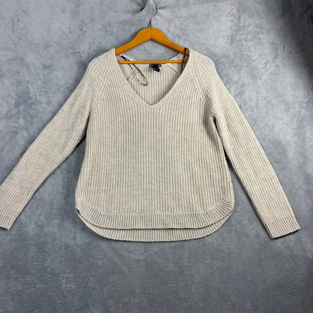 H&M Womens M Beige V-Neck Mohair Blend Ribbed Knit Sweater Quiet Luxury Boho